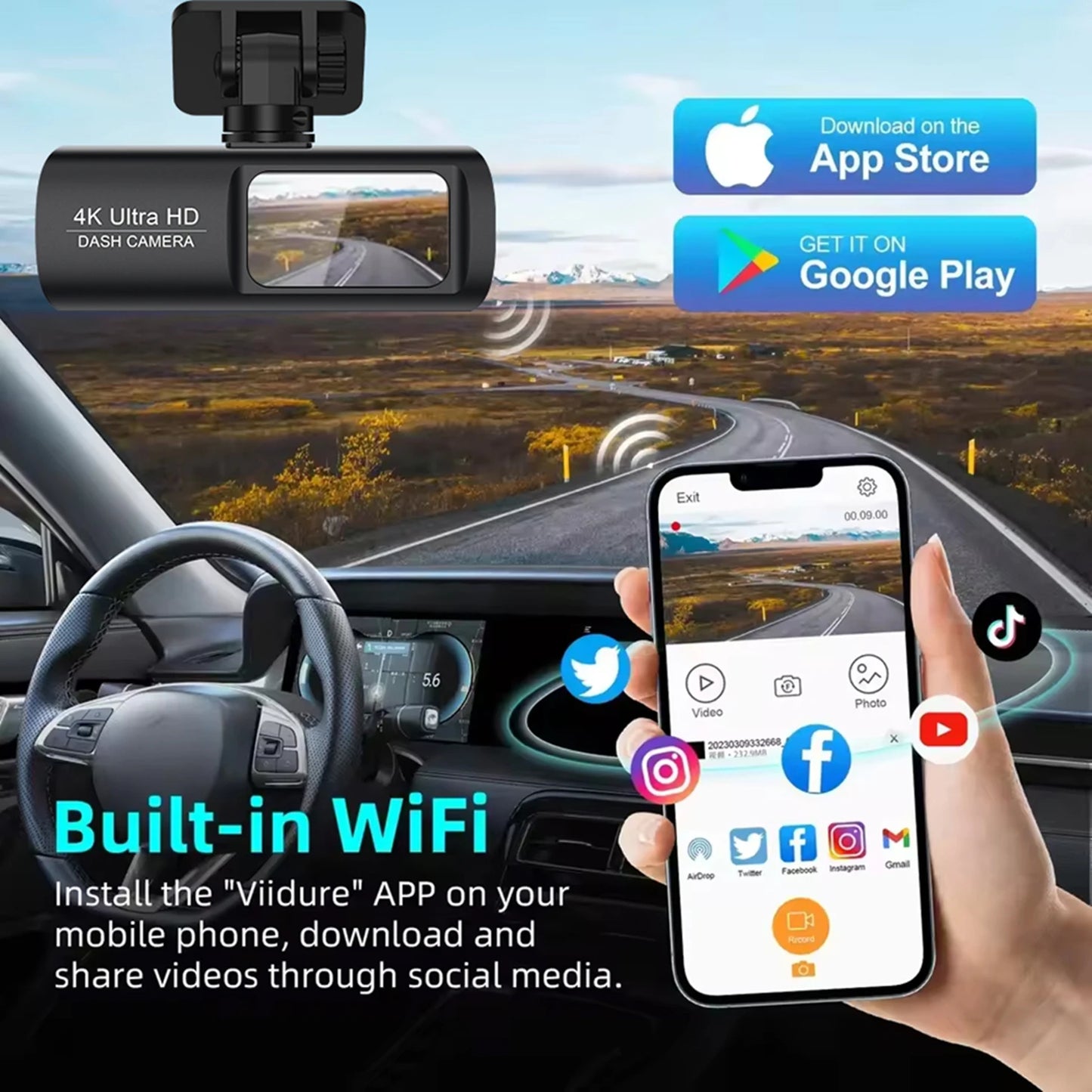 4K Dash Cam with WiFi & Night Vision – Dual Channel, GPS Support, 24H Parking Monitor, 1.47" Screen, Loop Recording
