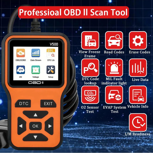 Professional OBD II scan tool with features displayed on a digital interface.