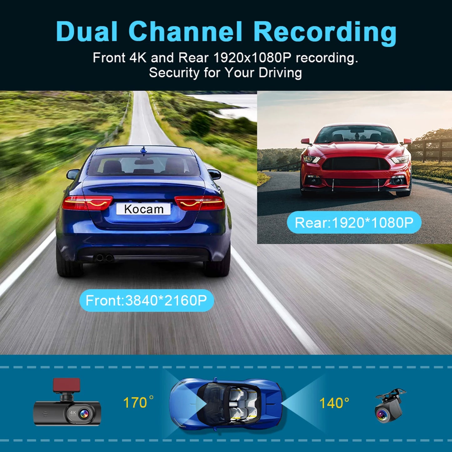 4K Dash Cam with WiFi & Night Vision – Dual Channel, GPS Support, 24H Parking Monitor, 1.47" Screen, Loop Recording
