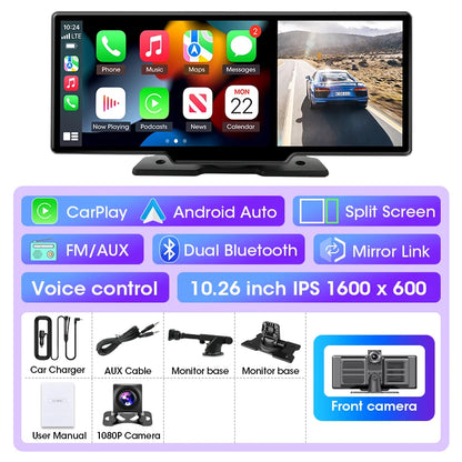 11" Wireless CarPlay & Android Auto Screen with Built-in 4K Dash Cam, GPS Navigation, Dual Lens, Rearview Mirror Display