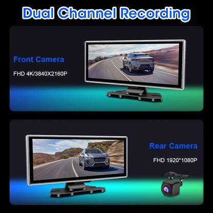 11" Wireless CarPlay & Android Auto Screen with Built-in 4K Dash Cam, GPS Navigation, Dual Lens, Rearview Mirror Display