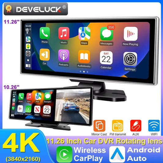 11" Wireless CarPlay & Android Auto Screen with Built-in 4K Dash Cam, GPS Navigation, Dual Lens, Rearview Mirror Display