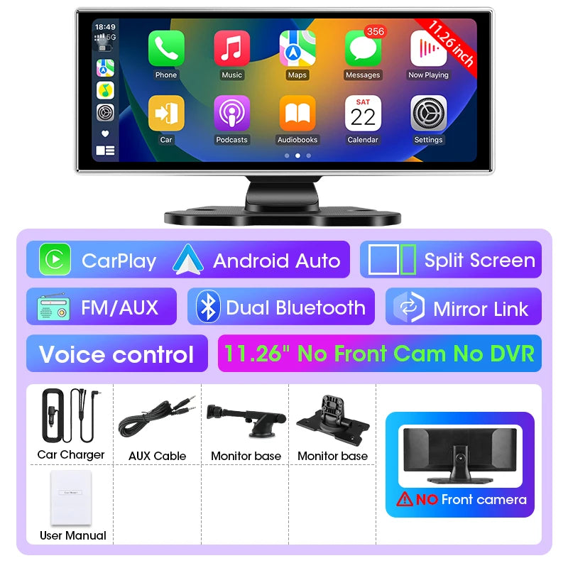 11" Wireless CarPlay & Android Auto Screen with Built-in 4K Dash Cam, GPS Navigation, Dual Lens, Rearview Mirror Display