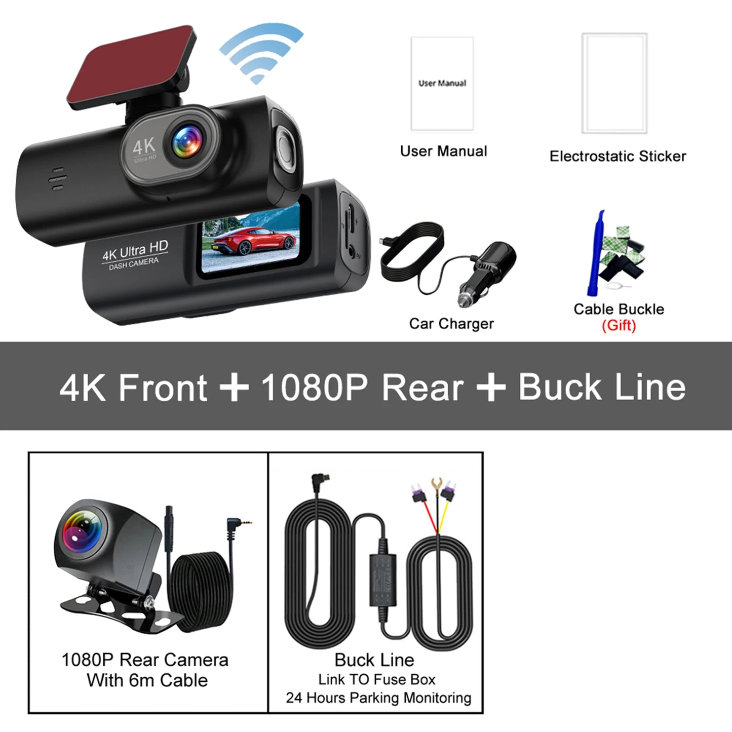 4K Dash Cam with WiFi & Night Vision – Dual Channel, GPS Support, 24H Parking Monitor, 1.47" Screen, Loop Recording