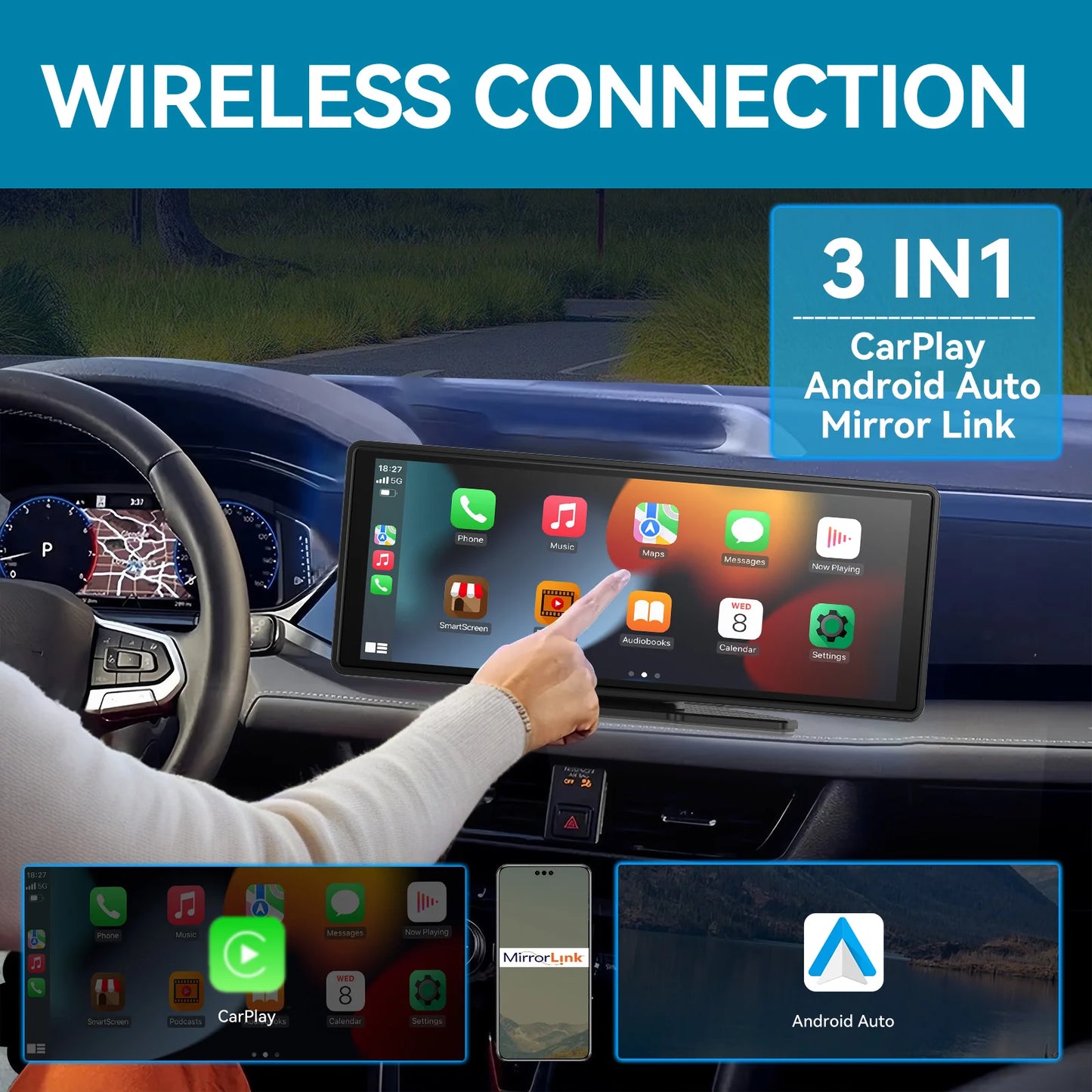 10" Portable Wireless CarPlay & Android Auto Screen | Car Stereo Audio Receiver with GPS, Mirror Link