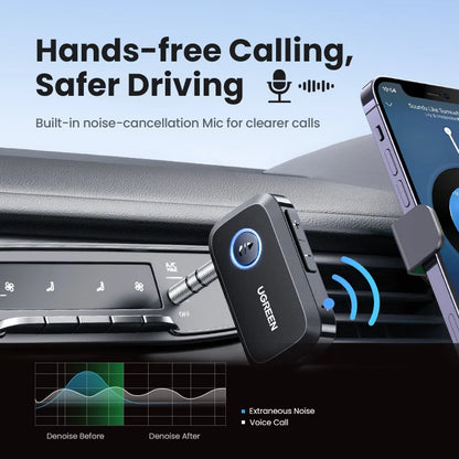 UGREEN Bluetooth 5.3 Car Receiver AUX Adapter | Wireless Audio, Hands-Free Calls, Dual Device, 15H Battery