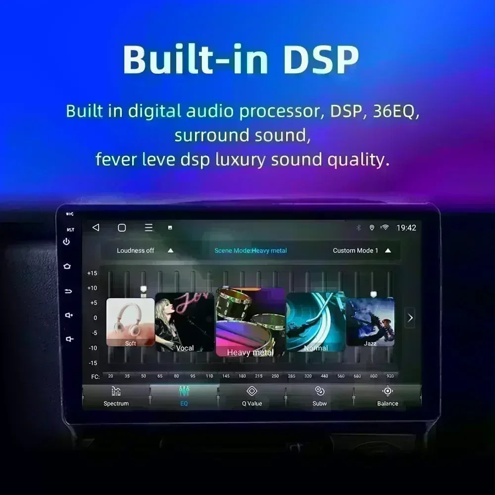 Car stereo system with digital audio processor and DSP features on a blue and purple gradient background.