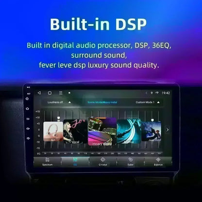 Car stereo system with digital audio processor and DSP features on a blue and purple gradient background.