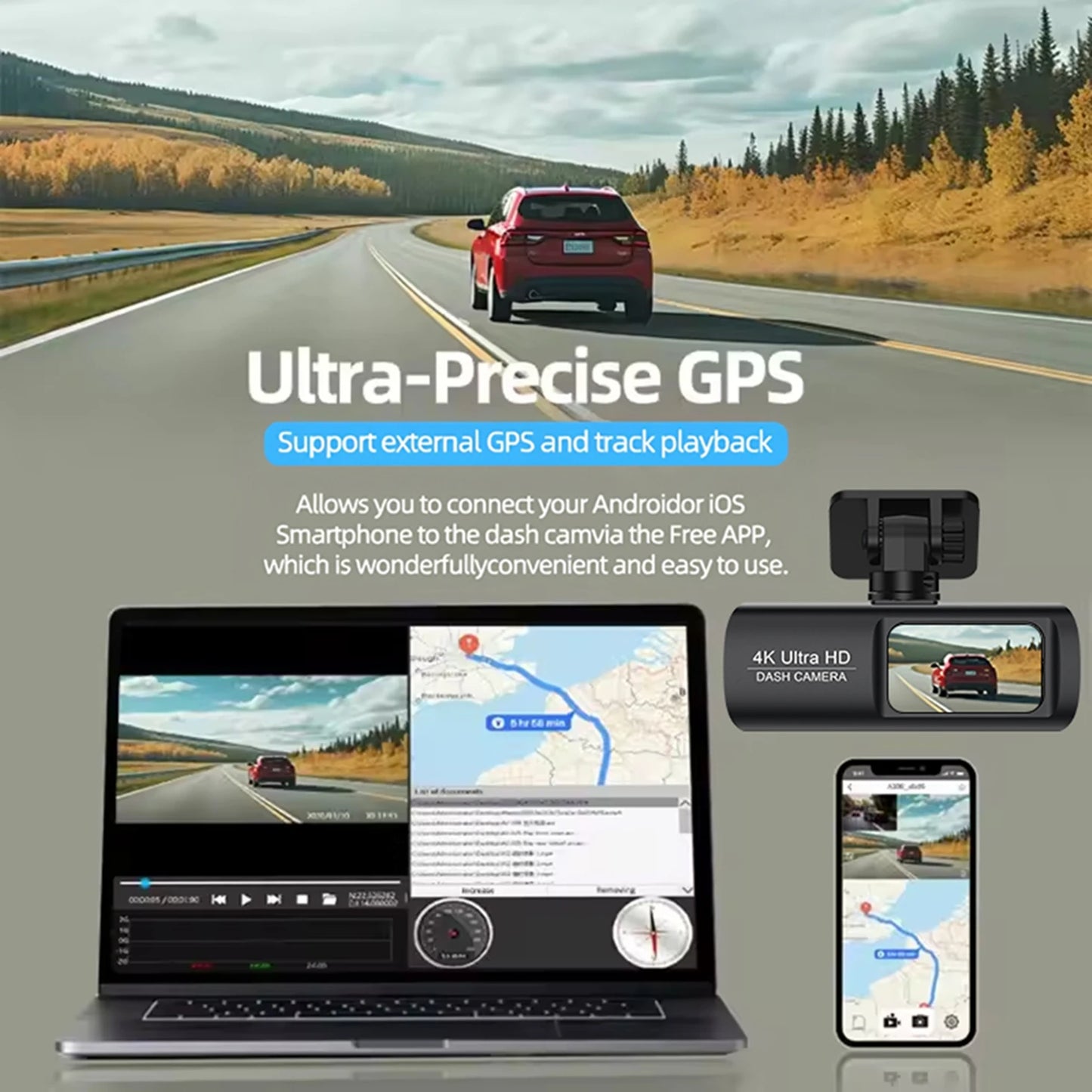 4K Dash Cam with WiFi & Night Vision – Dual Channel, GPS Support, 24H Parking Monitor, 1.47" Screen, Loop Recording