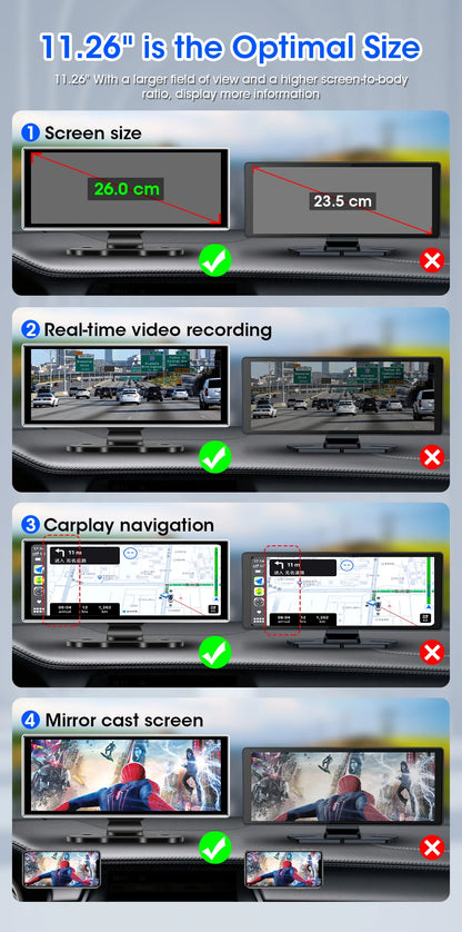 11" Wireless CarPlay & Android Auto Screen with Built-in 4K Dash Cam, GPS Navigation, Dual Lens, Rearview Mirror Display