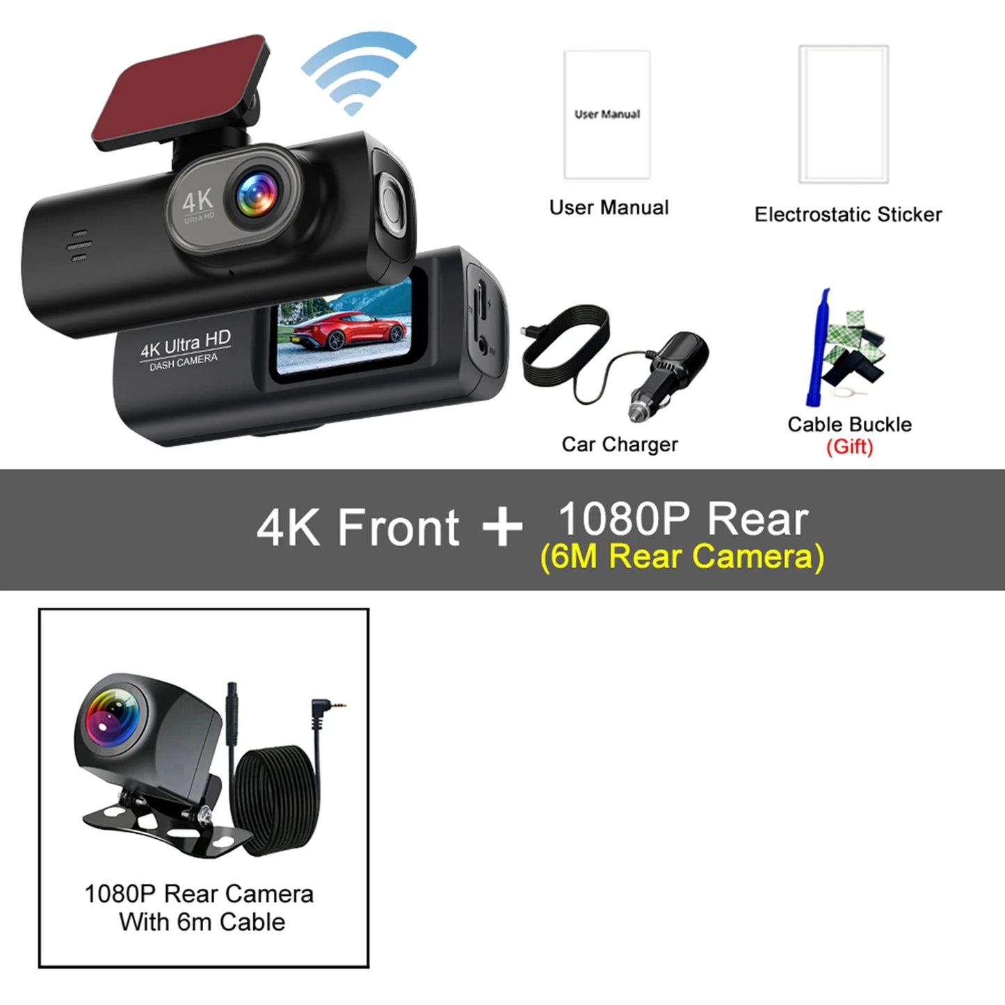 4K Dash Cam with WiFi & Night Vision – Dual Channel, GPS Support, 24H Parking Monitor, 1.47" Screen, Loop Recording