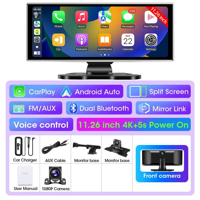 11" Wireless CarPlay & Android Auto Screen with Built-in 4K Dash Cam, GPS Navigation, Dual Lens, Rearview Mirror Display