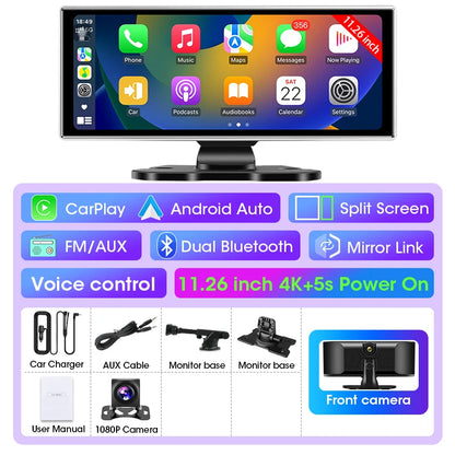 11" Wireless CarPlay & Android Auto Screen with Built-in 4K Dash Cam, GPS Navigation, Dual Lens, Rearview Mirror Display