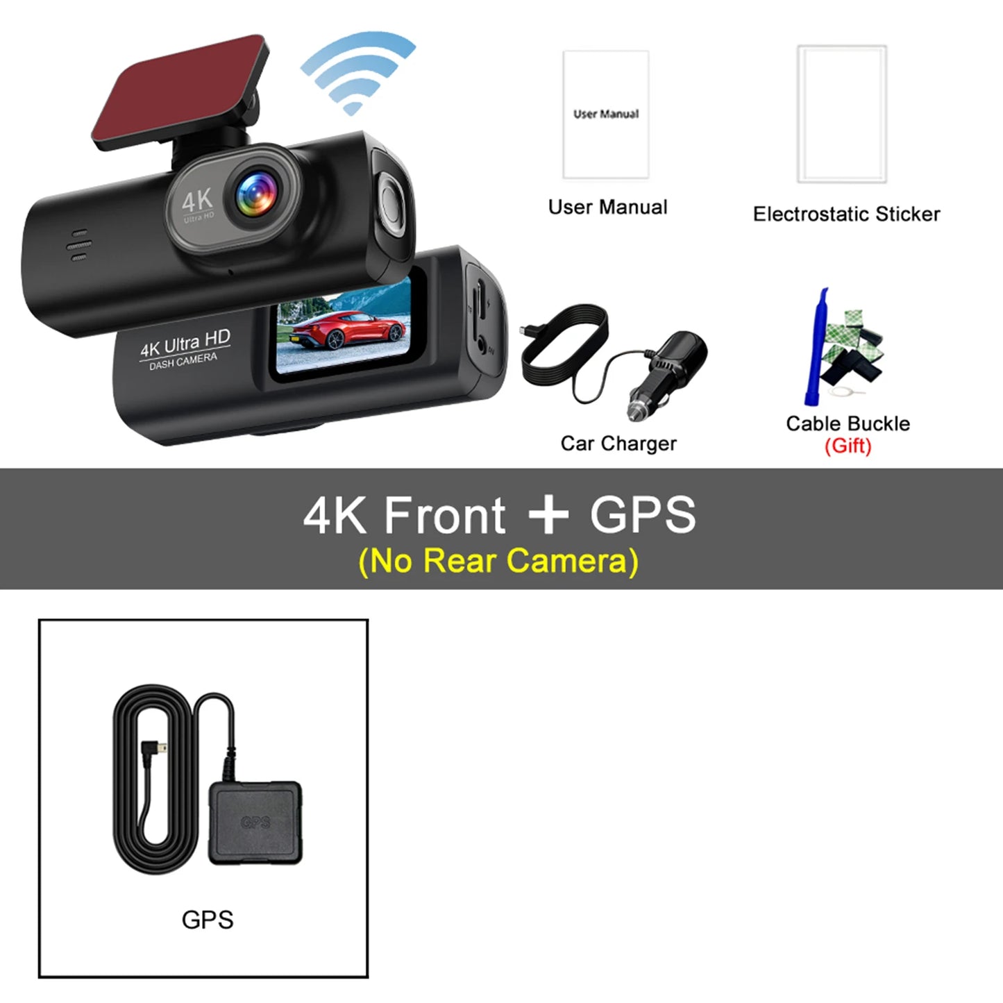 4K Dash Cam with WiFi & Night Vision – Dual Channel, GPS Support, 24H Parking Monitor, 1.47" Screen, Loop Recording
