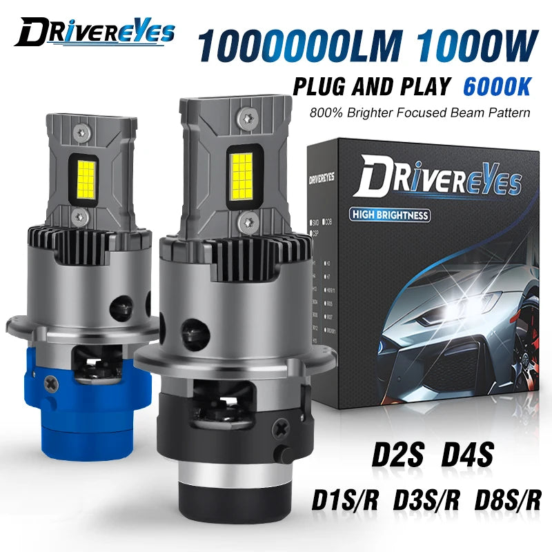 DriverEyes D1S D2S D3S D4S D8S LED Headlight Bulbs 1000W 6000K Canbus Plug & Play HID Xenon Conversion Kit – Super Bright 1:1 Design IP68