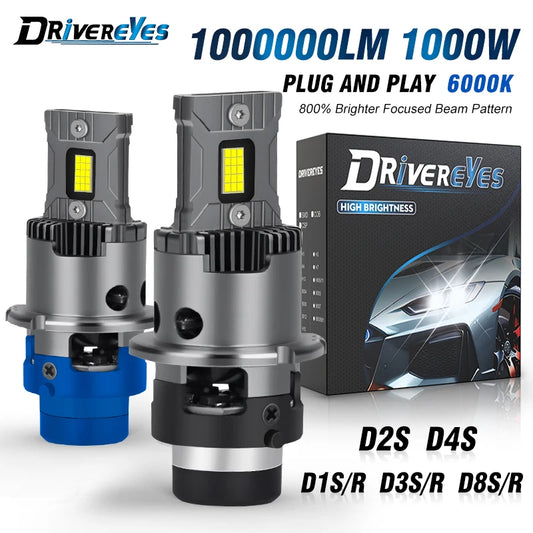 DriverEyes D1S D2S D3S D4S D8S LED Headlight Bulbs 1000W 6000K Canbus Plug & Play HID Xenon Conversion Kit – Super Bright 1:1 Design IP68