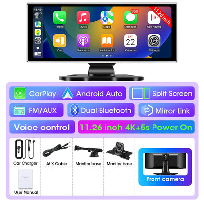 11" Wireless CarPlay & Android Auto Screen with Built-in 4K Dash Cam, GPS Navigation, Dual Lens, Rearview Mirror Display