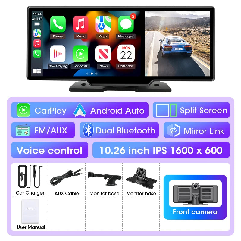 11" Wireless CarPlay & Android Auto Screen with Built-in 4K Dash Cam, GPS Navigation, Dual Lens, Rearview Mirror Display