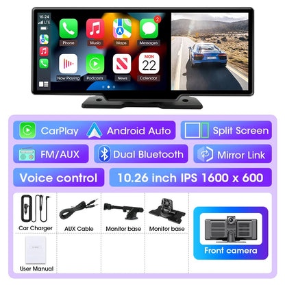 11" Wireless CarPlay & Android Auto Screen with Built-in 4K Dash Cam, GPS Navigation, Dual Lens, Rearview Mirror Display