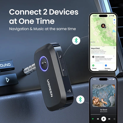 UGREEN Bluetooth 5.3 Car Receiver AUX Adapter | Wireless Audio, Hands-Free Calls, Dual Device, 15H Battery