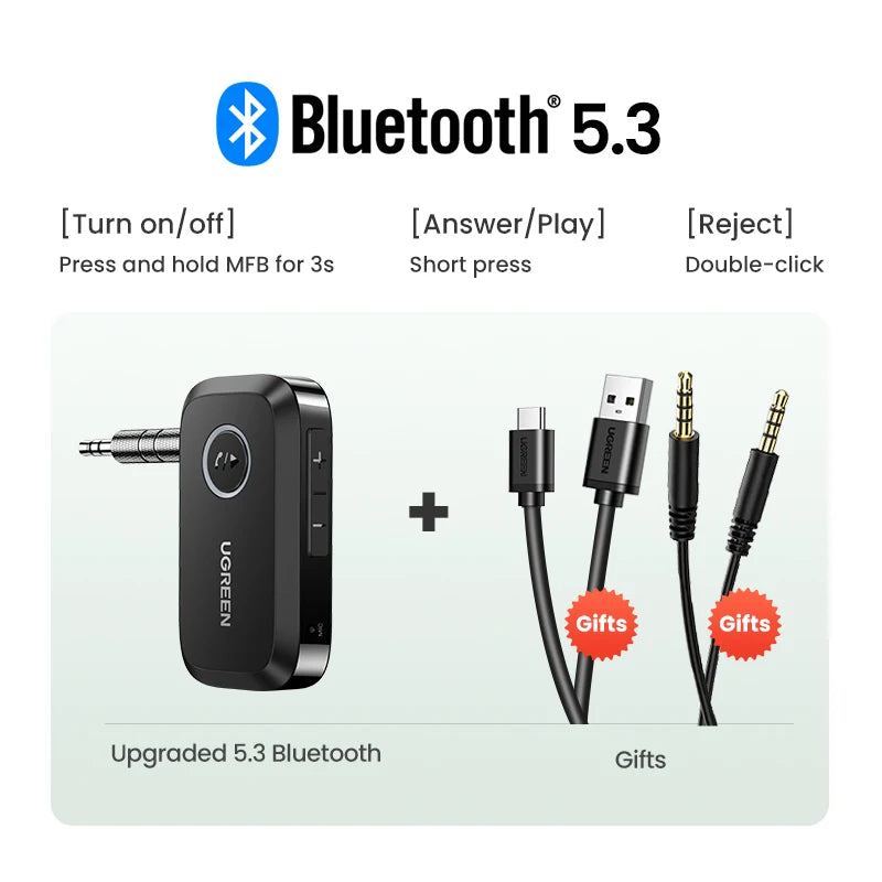 UGREEN Bluetooth 5.3 Car Receiver AUX Adapter | Wireless Audio, Hands-Free Calls, Dual Device, 15H Battery