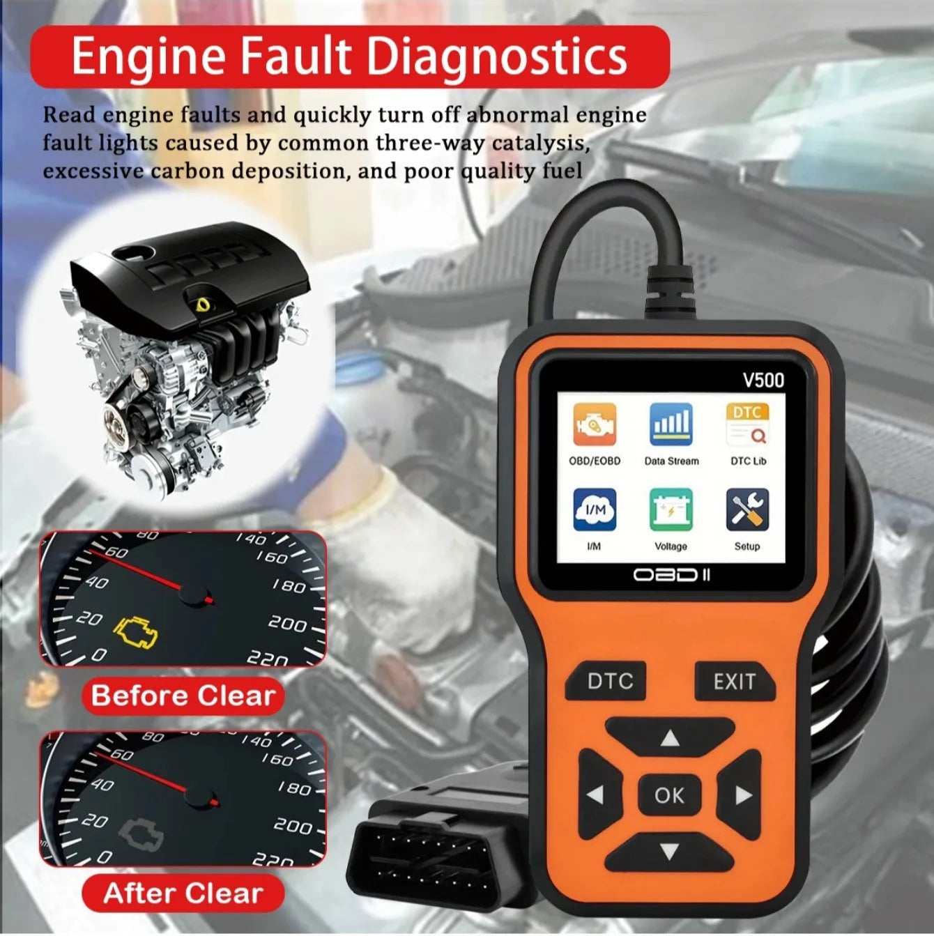 V500 Car OBD2 Scanner | Engine Fault Code Reader & Voltage Tester