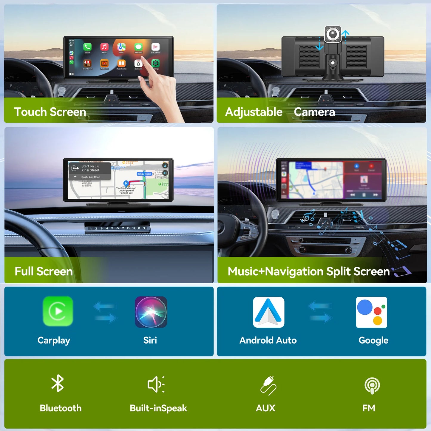 10" Portable Wireless CarPlay & Android Auto Screen | Car Stereo Audio Receiver with GPS, Mirror Link