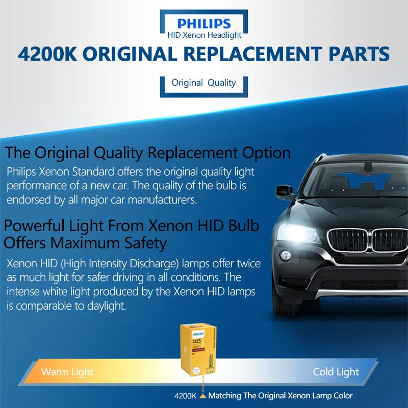 Philips Xenon HID Car Headlight Bulb – D1S / D2S / D2R / D3S / D4S – 35W 4200K OEM Replacement, Single (1x)