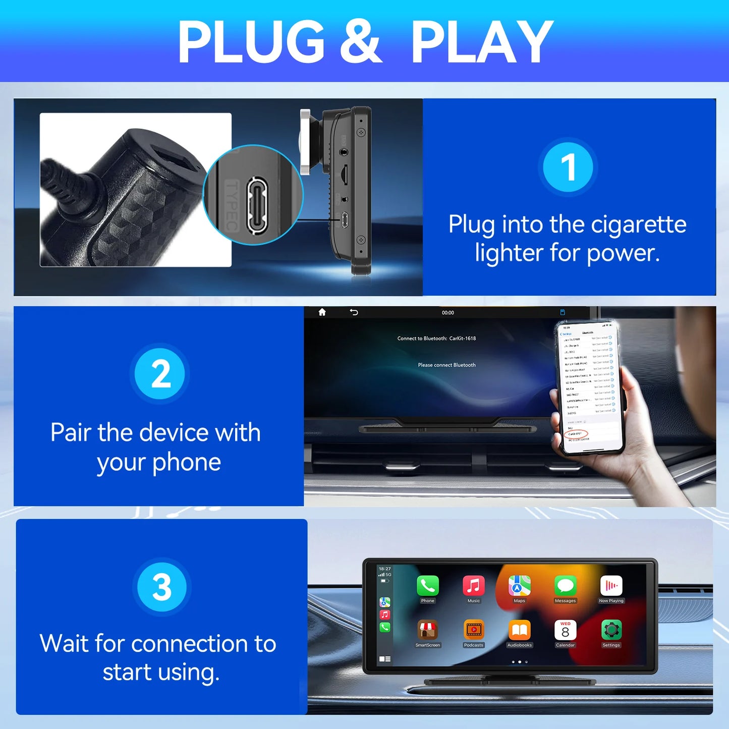 10" Portable Wireless CarPlay & Android Auto Screen | Car Stereo Audio Receiver with GPS, Mirror Link