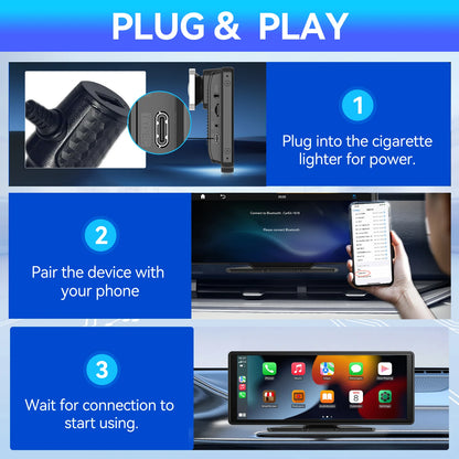 10" Portable Wireless CarPlay & Android Auto Screen | Car Stereo Audio Receiver with GPS, Mirror Link